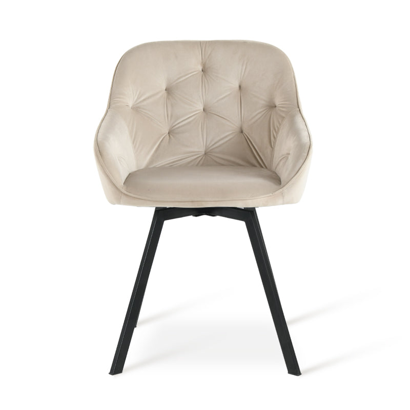 Dettaglio del sistema girevole della sedia Keaton che mostra il movimento fluido e la base stabile,Composizione d'arredo con tavolo da pranzo moderno e 4 sedie girevoli Keaton in un interno contemporaneo