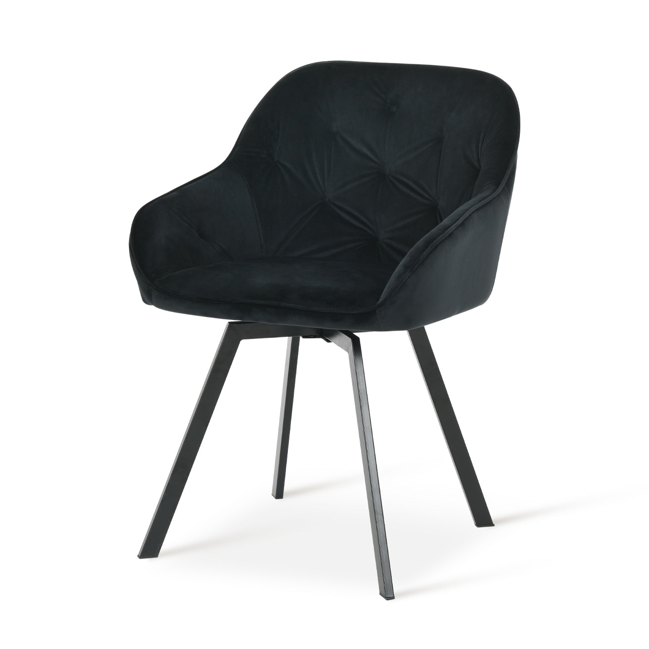 Sedia da pranzo girevole moderna Keaton di OFCASA in nero con seduta imbottita in pelle faux e gambe in metallo cromato, che mostra il meccanismo di rotazione a 360°