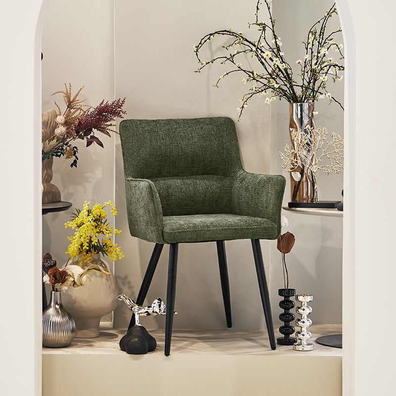 Sedia da pranzo con braccioli in lino grigio scuro e gambe in legno scuro, stile industrial chic