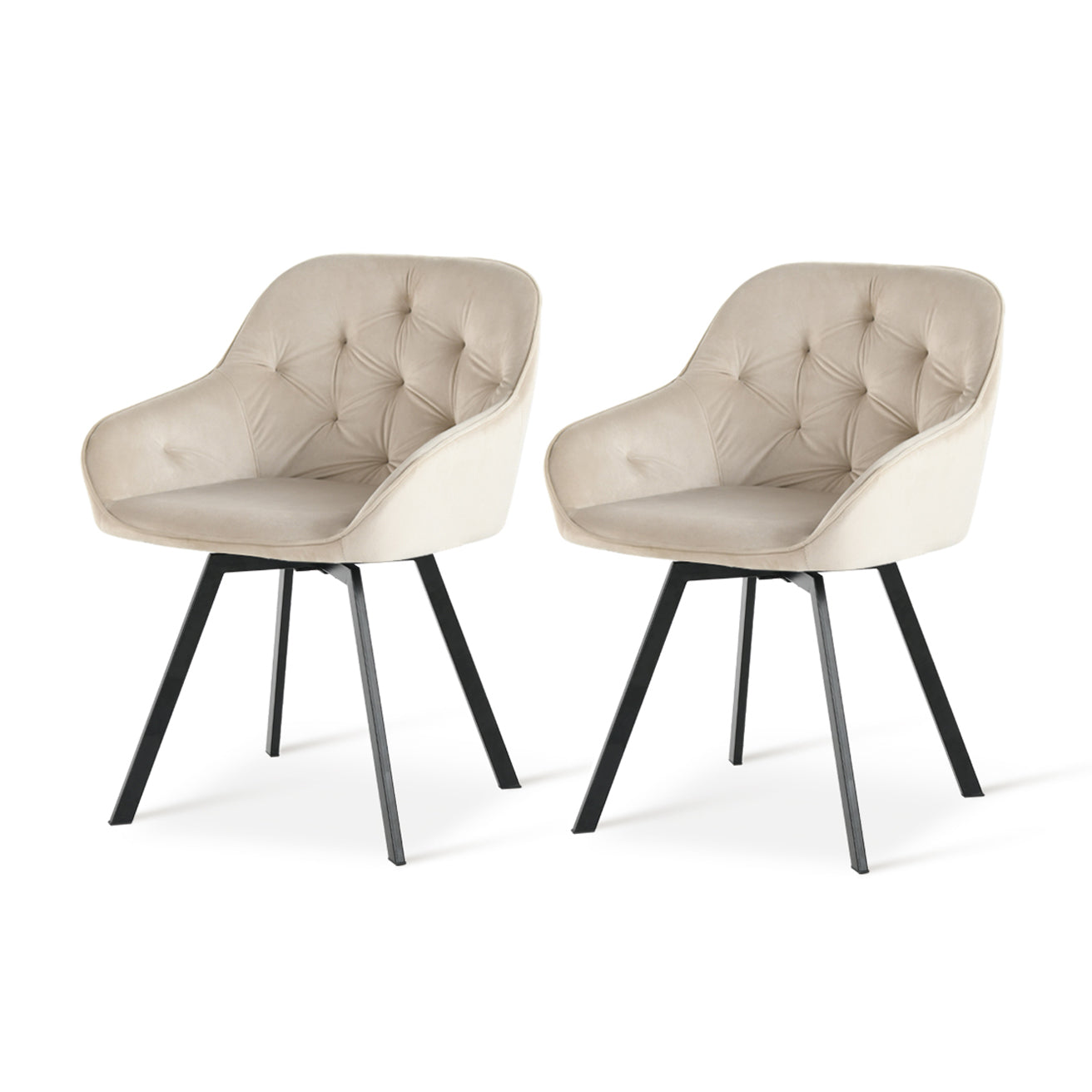 Due sedie da pranzo girevoli Keaton in tonalità beige, con design ergonomico e protezioni per il pavimento, perfette per ambienti moderni