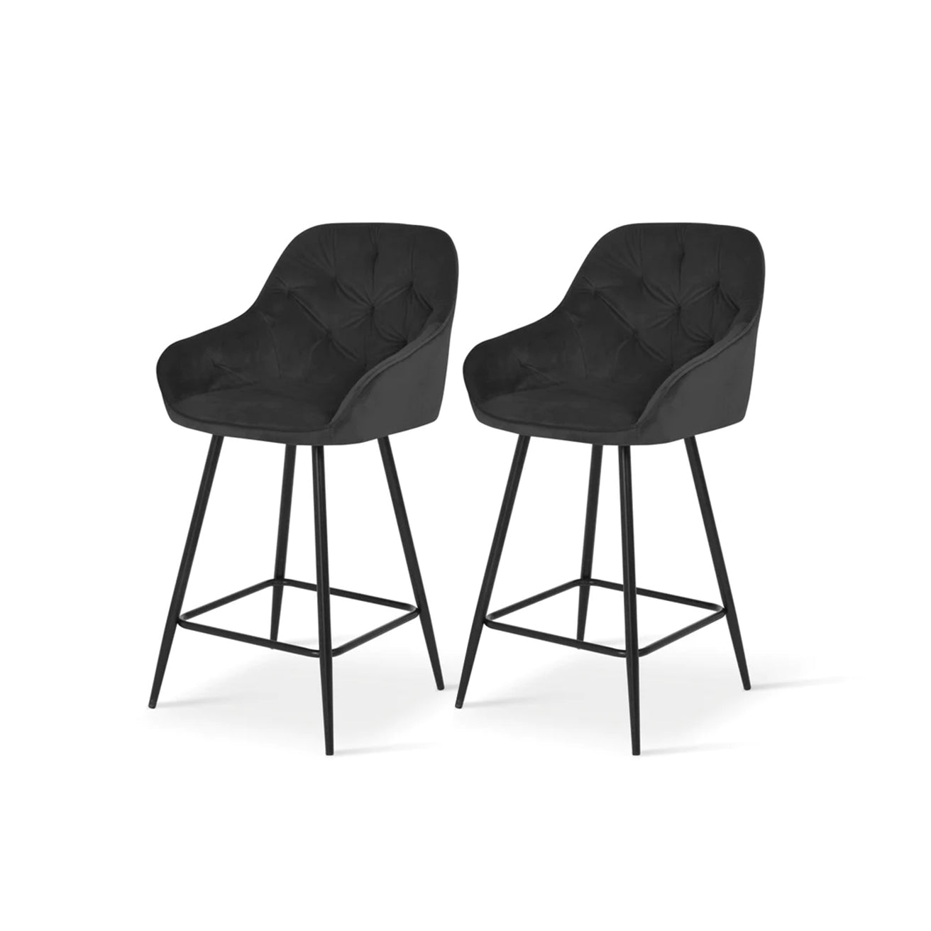 Coppia di sgabelli da bar alti Keaton in tessuto grigio con struttura in acciaio nero, perfetti per isole cucina moderne