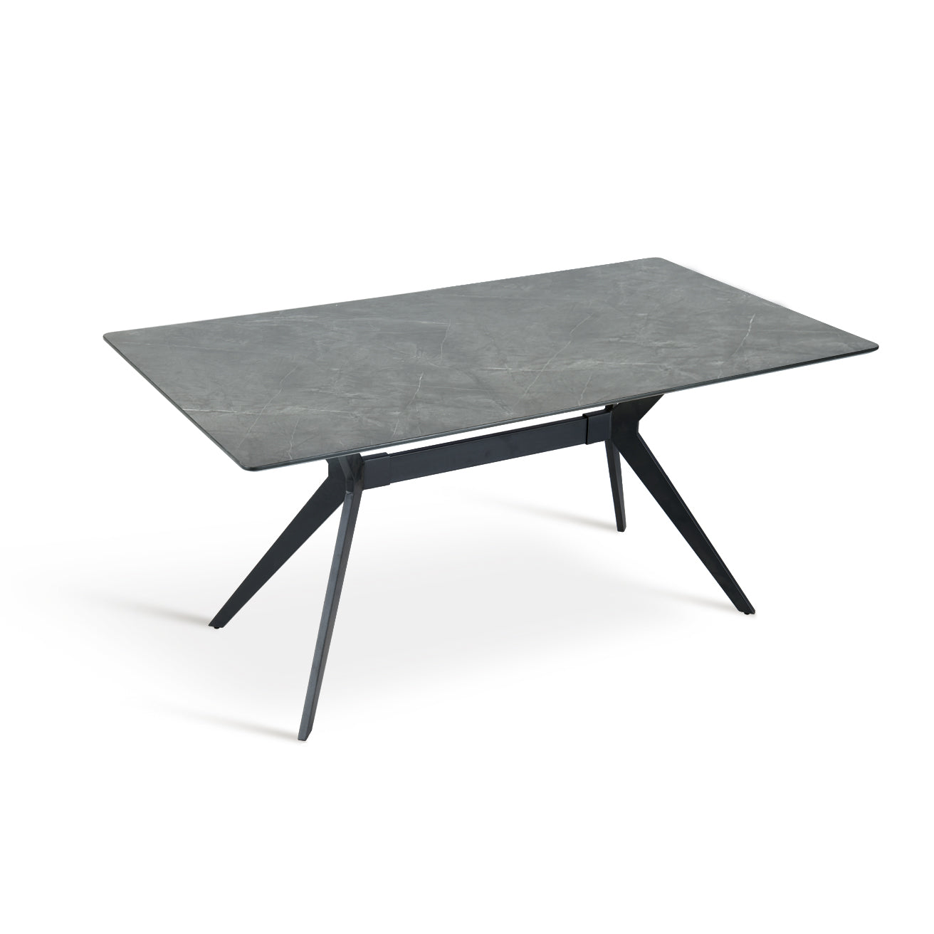 Tavolo rettangolare Laila da pranzo in melamina effetto marmo grigio scuro con gambe incrociate a X nere, design moderno