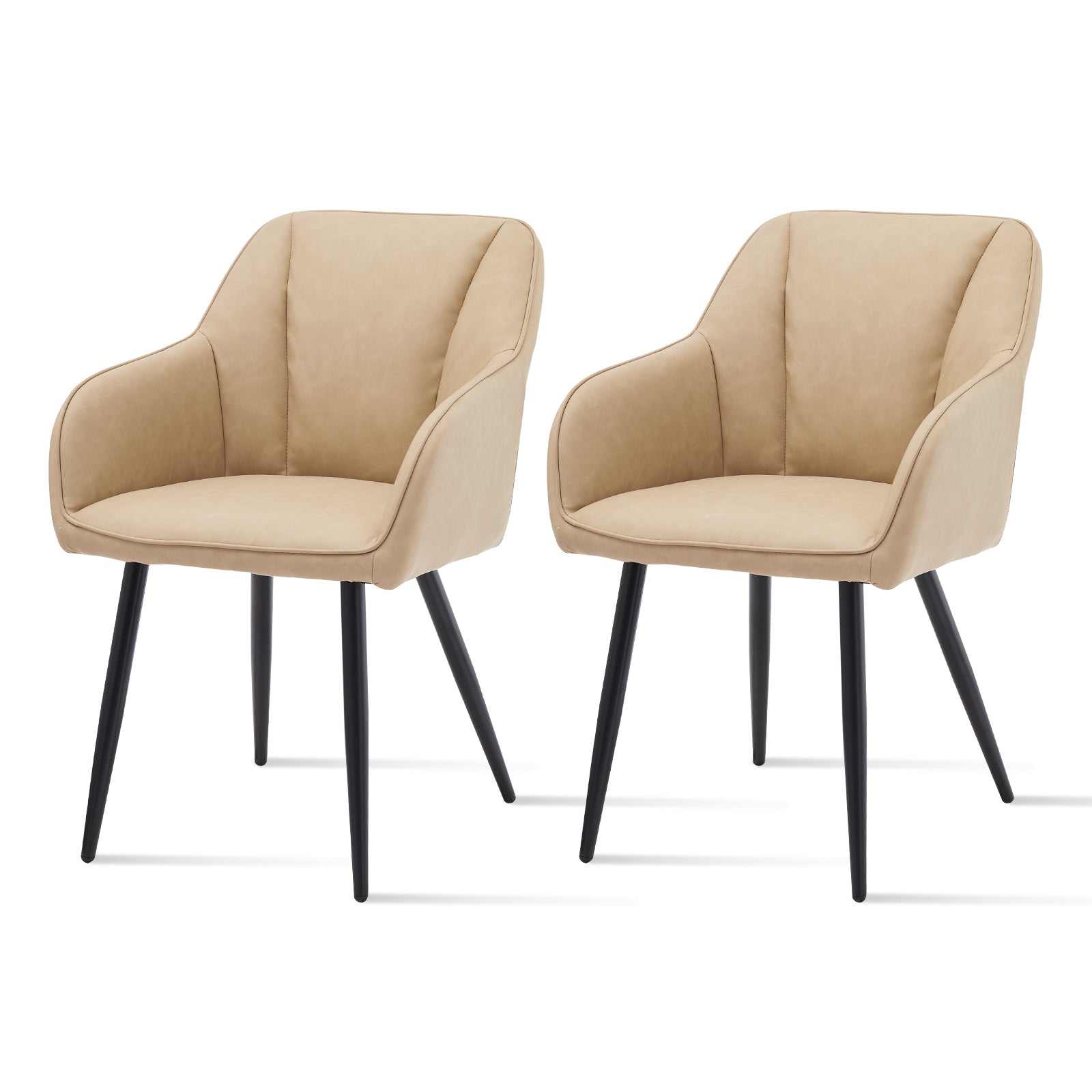 Quattro sedie da pranzo Sienna grigie con rivestimento in tessuto e gambe in metallo nero, posizionate intorno a un tavolo in legno，Sedia Sienna in primo piano che mostra lo schienale ergonomico e l'imbottitura premium, perfetta per pranzi prolungati
