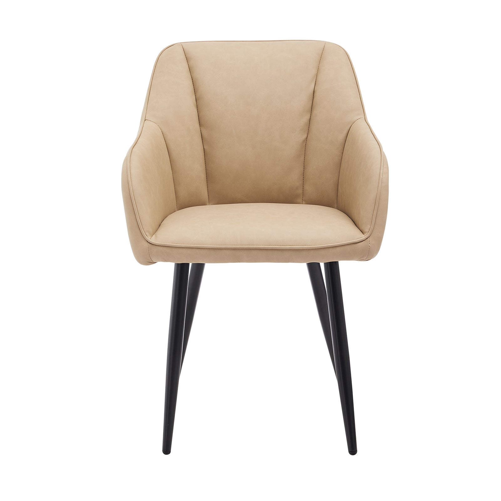 Quattro sedie da pranzo Sienna grigie con rivestimento in tessuto e gambe in metallo nero, posizionate intorno a un tavolo in legno，Sedia Sienna in primo piano che mostra lo schienale ergonomico e l'imbottitura premium, perfetta per pranzi prolungati
