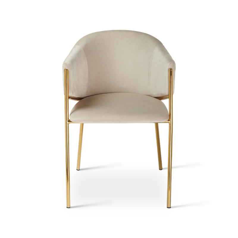 Sedia da pranzo Dalila con braccioli in velluto beige e struttura dorata, design moderno e raffinato