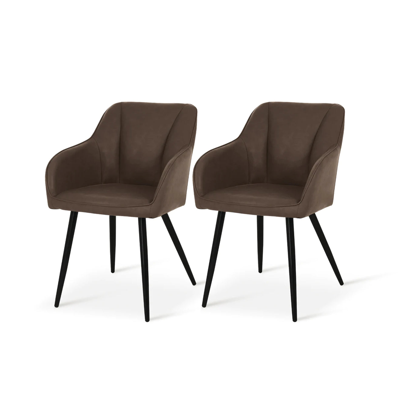 Quattro sedie da pranzo Sienna grigie con rivestimento in tessuto e gambe in metallo nero, posizionate intorno a un tavolo in legno，Sedia Sienna in primo piano che mostra lo schienale ergonomico e l'imbottitura premium, perfetta per pranzi prolungati