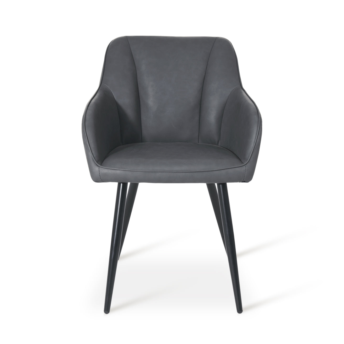 Quattro sedie da pranzo Sienna grigie con rivestimento in tessuto e gambe in metallo nero, posizionate intorno a un tavolo in legno，Sedia Sienna in primo piano che mostra lo schienale ergonomico e l'imbottitura premium, perfetta per pranzi prolungati
