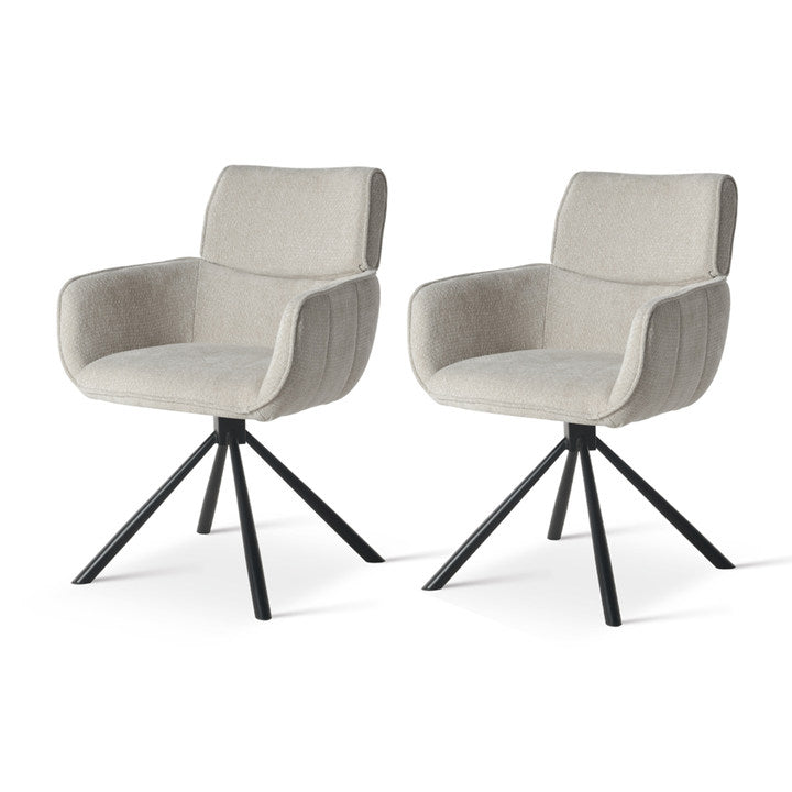 Sedia da pranzo girevole Elara HDC233029 con braccioli, rivestita in chenille beige e base metallica dorata - rotazione 360° per massima libertà di movimento