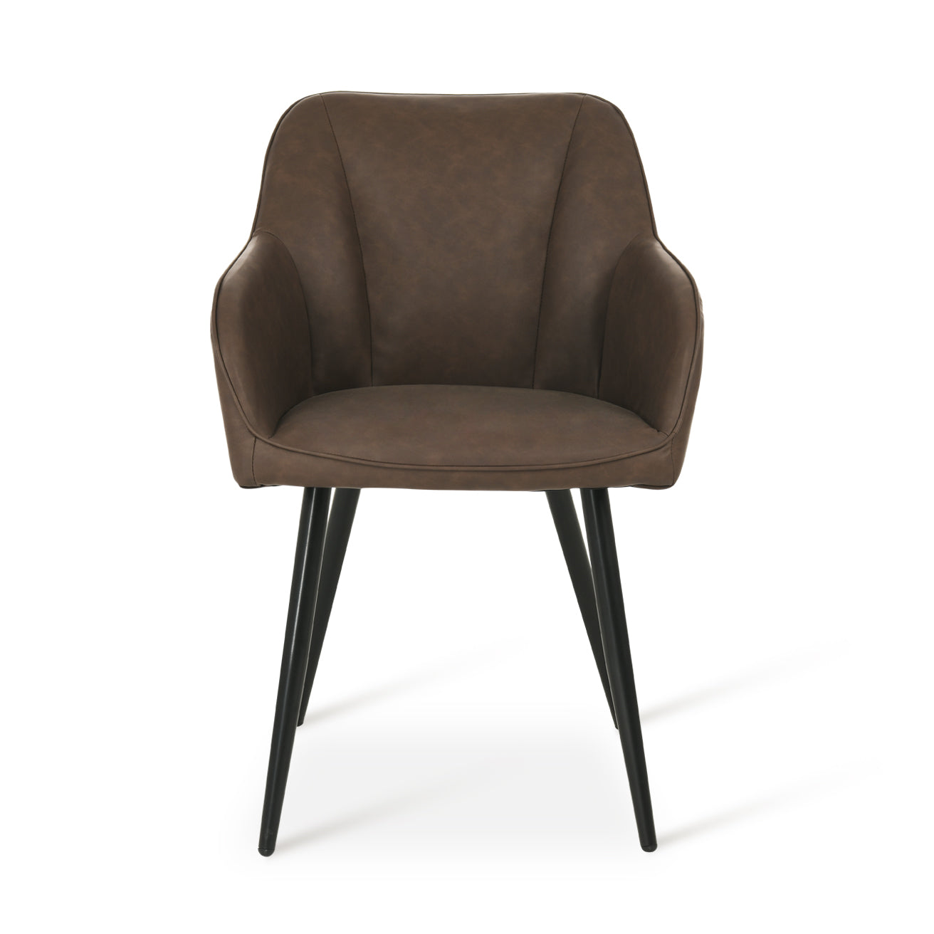 Quattro sedie da pranzo Sienna grigie con rivestimento in tessuto e gambe in metallo nero, posizionate intorno a un tavolo in legno，Sedia Sienna in primo piano che mostra lo schienale ergonomico e l'imbottitura premium, perfetta per pranzi prolungati